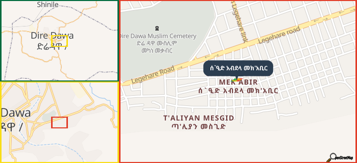 Map showing the address of ሰ`ዒድ አብደላ መክ'አቢር in three different zoom levels.