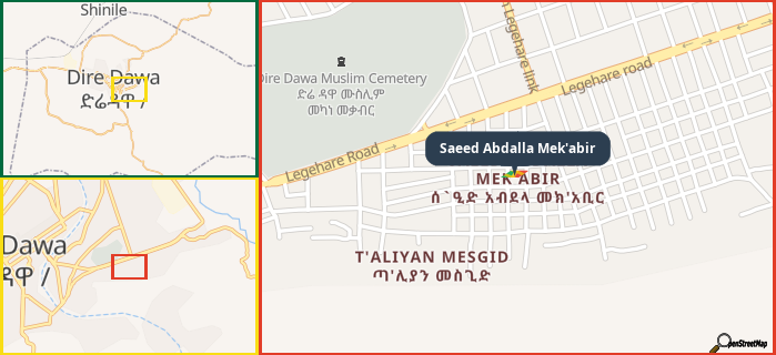 Map showing the address of Saeed Abdalla Mek'abir in three different zoom levels.