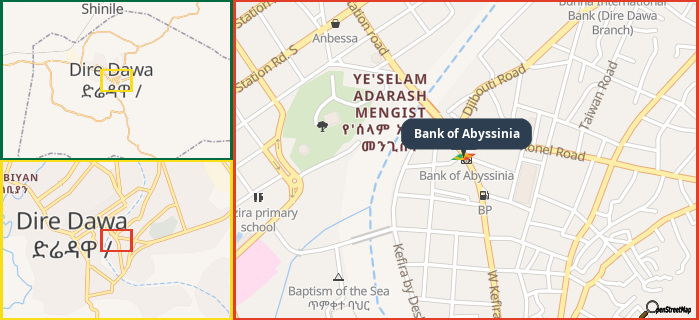 Map showing the address of Bank of Abyssinia in three different zoom levels.