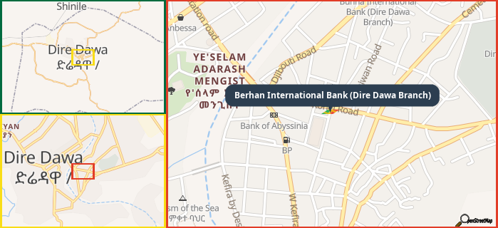 Map showing the address of Berhan International Bank (Dire Dawa Branch) in three different zoom levels.