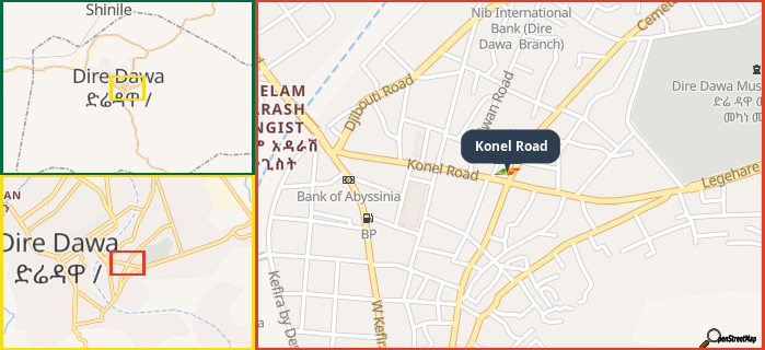 Map showing the address of Konel Road in three different zoom levels.