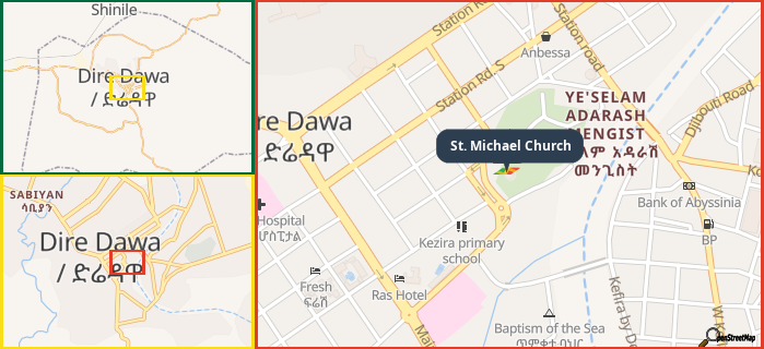 Map showing the address of St. Michael Church in three different zoom levels.