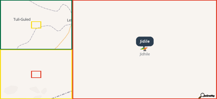 Map showing the address of Jidile in three different zoom levels.