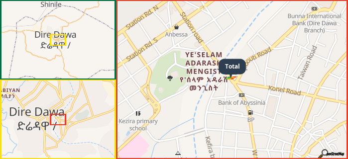Map showing the address of Total in three different zoom levels.