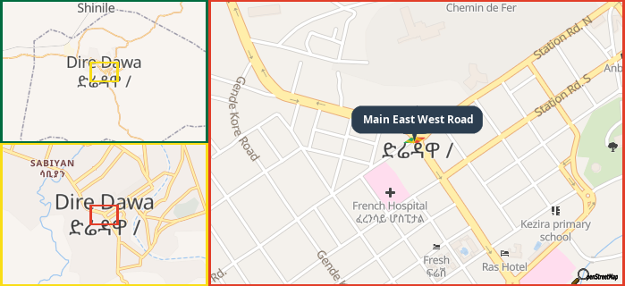 Map showing the address of Main East West Road in three different zoom levels.