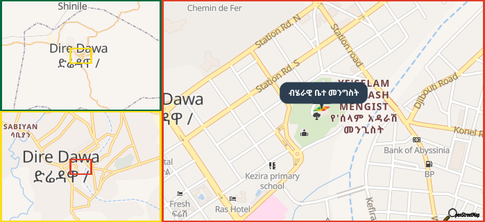 Map showing the address of ብሄራዊ ቤተ መንግስት in three different zoom levels.