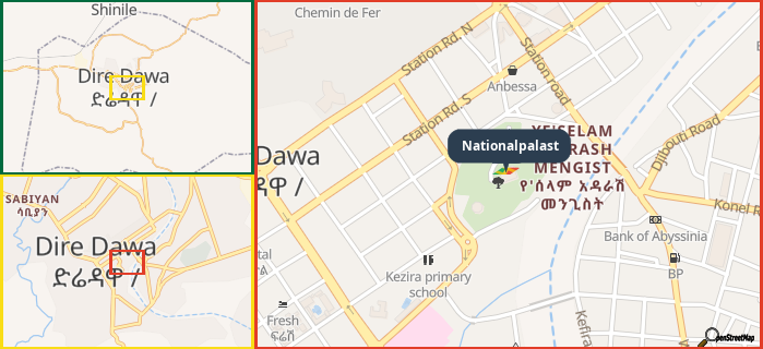 Map showing the address of Nationalpalast in three different zoom levels.