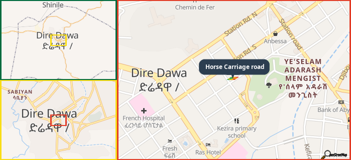 Map showing the address of Horse Carriage road in three different zoom levels.