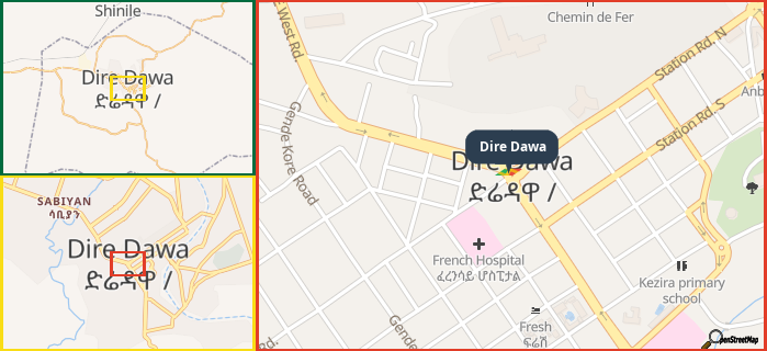 Map showing the address of Dire Dawa in three different zoom levels.