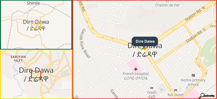 Map showing the address of Dire Dawa in three different zoom levels.