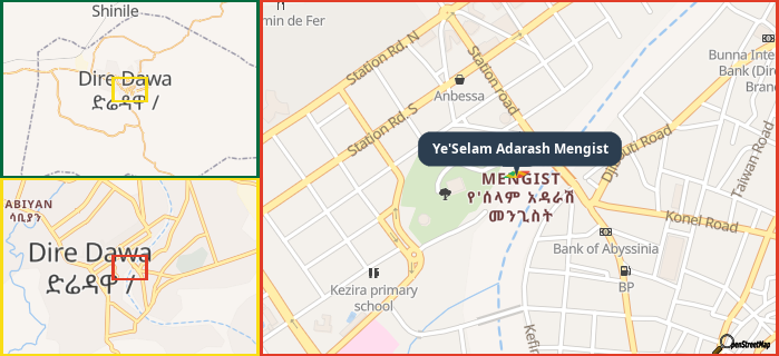 Map showing the address of Ye'Selam Adarash Mengist in three different zoom levels.