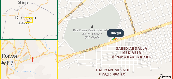 Map showing the address of Ymegu in three different zoom levels.