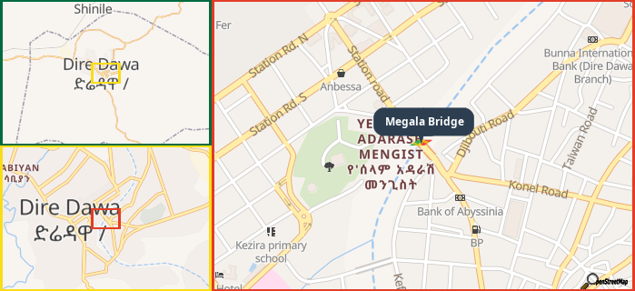 Map showing the address of Megala Bridge in three different zoom levels.