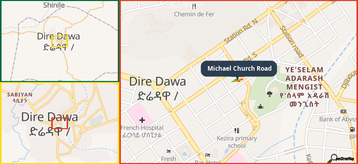 Map showing the address of Michael Church Road in three different zoom levels.