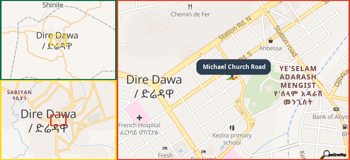 Map showing the address of Michael Church Road in three different zoom levels.