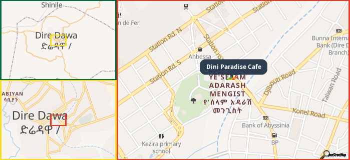 Map showing the address of Dini Paradise Cafe in three different zoom levels.