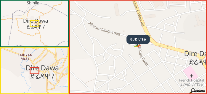 Map showing the address of ፀሀይ ሆቴል in three different zoom levels.