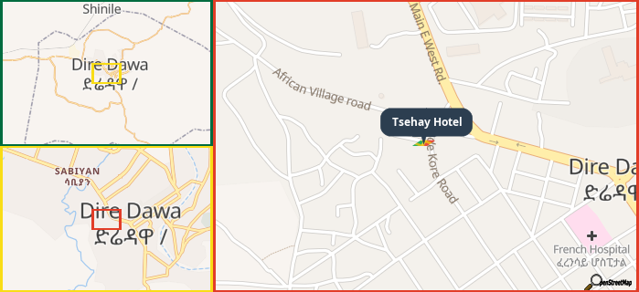 Map showing the address of Tsehay Hotel in three different zoom levels.