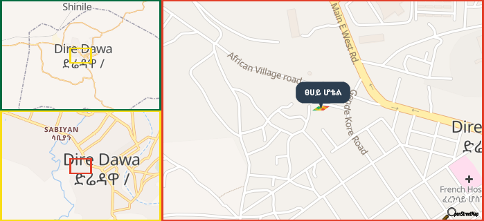 Map showing the address of ፀሀይ ሆቴል in three different zoom levels.