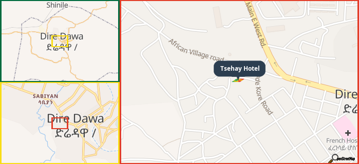 Map showing the address of Tsehay Hotel in three different zoom levels.