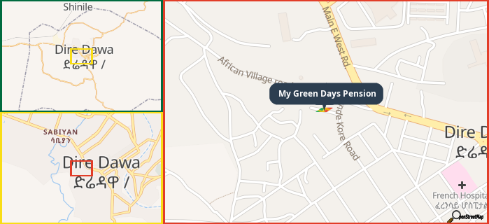 Map showing the address of My Green Days Pension in three different zoom levels.