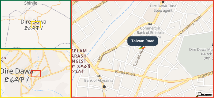 Map showing the address of Taiwan Road in three different zoom levels.