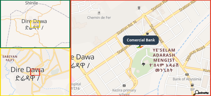 Map showing the address of Comercial Bank in three different zoom levels.