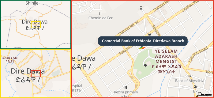 Map showing the address of Comercial Bank of Ethiopia  Diredawa Branch in three different zoom levels.