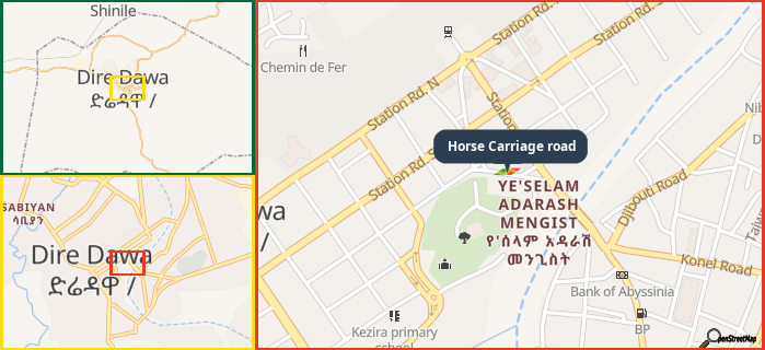 Map showing the address of Horse Carriage road in three different zoom levels.