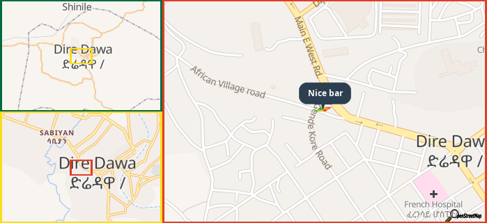 Map showing the address of Nice bar in three different zoom levels.