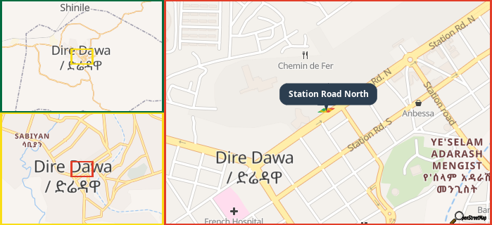 Map showing the address of Station Road North in three different zoom levels.