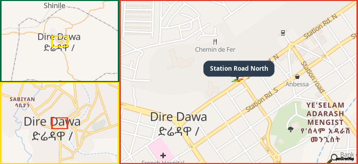Map showing the address of Station Road North in three different zoom levels.