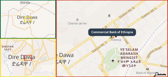 Map showing the address of Commercial Bank of Ethiopia in three different zoom levels.