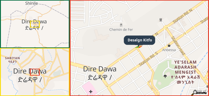 Map showing the address of Desalgn Kitfo in three different zoom levels.
