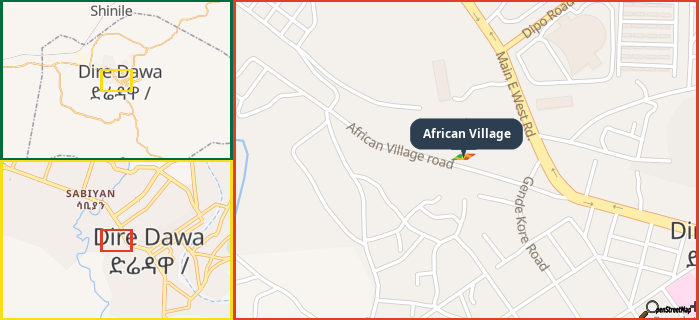 Map showing the address of African Village in three different zoom levels.