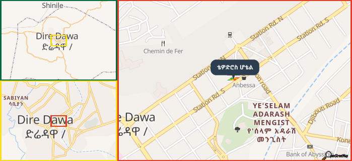 Map showing the address of ቴዎድሮስ ሆቴል in three different zoom levels.