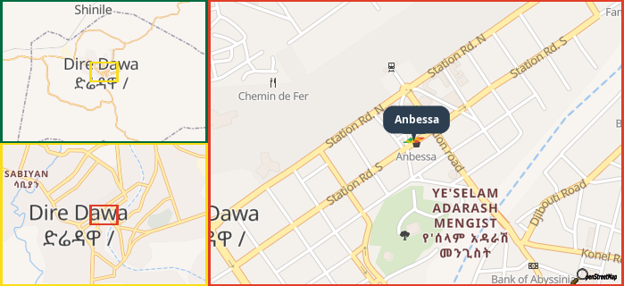 Map showing the address of Anbessa in three different zoom levels.