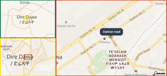 Map showing the address of Station road in three different zoom levels.
