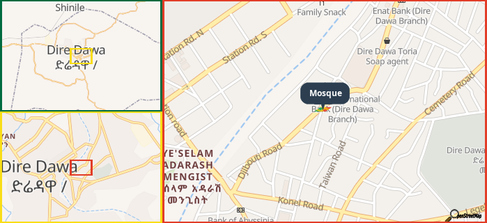 Map showing the address of Mosque in three different zoom levels.