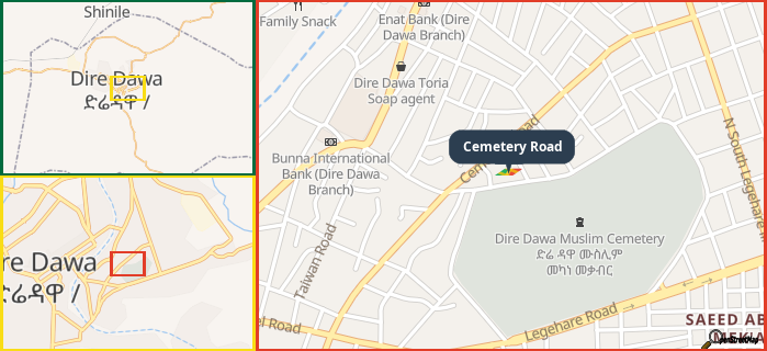 Map showing the address of Cemetery Road in three different zoom levels.