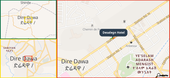 Map showing the address of Desalegn Hotel in three different zoom levels.