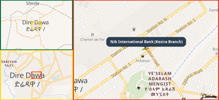 Map showing the address of Nib International Bank (Kezira Branch) in three different zoom levels.