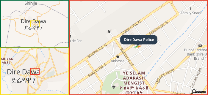 Map showing the address of Dire Dawa Police in three different zoom levels.