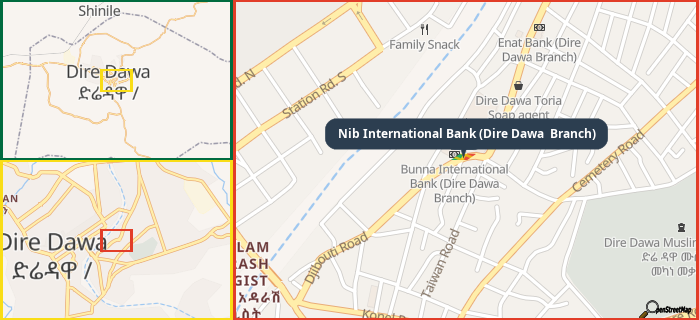 Map showing the address of Nib International Bank (Dire Dawa  Branch) in three different zoom levels.