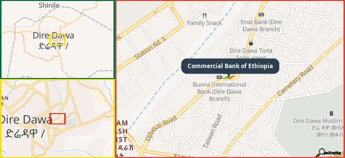 Map showing the address of Commercial Bank of Ethiopia in three different zoom levels.