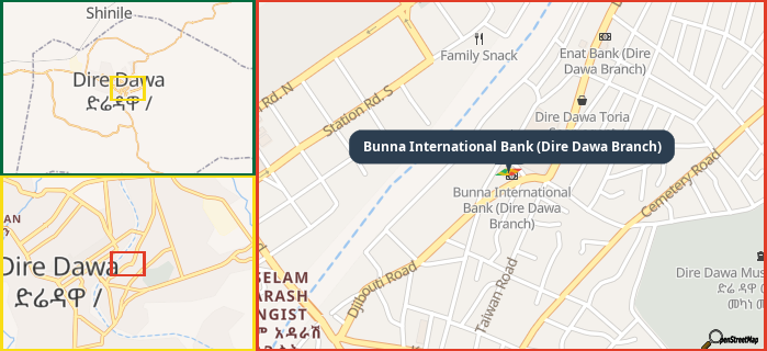 Map showing the address of Bunna International Bank (Dire Dawa Branch) in three different zoom levels.
