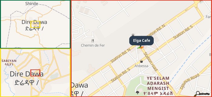 Map showing the address of Elga Cafe in three different zoom levels.