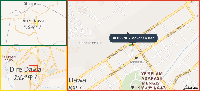 Map showing the address of መኮንን ባር / Mekonen Bar in three different zoom levels.