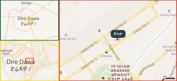 Map showing the address of ጅንአድ in three different zoom levels.