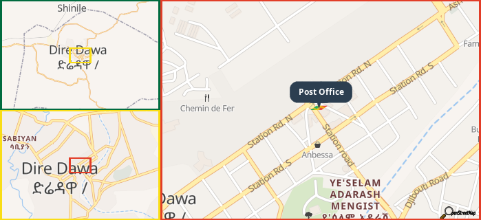 Map showing the address of Post Office in three different zoom levels.